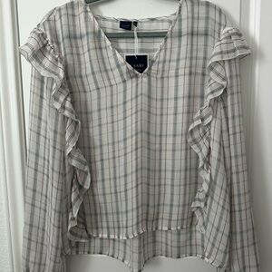 Kaari Plaid Ruffle Long Sleeve V-Neck Blouse